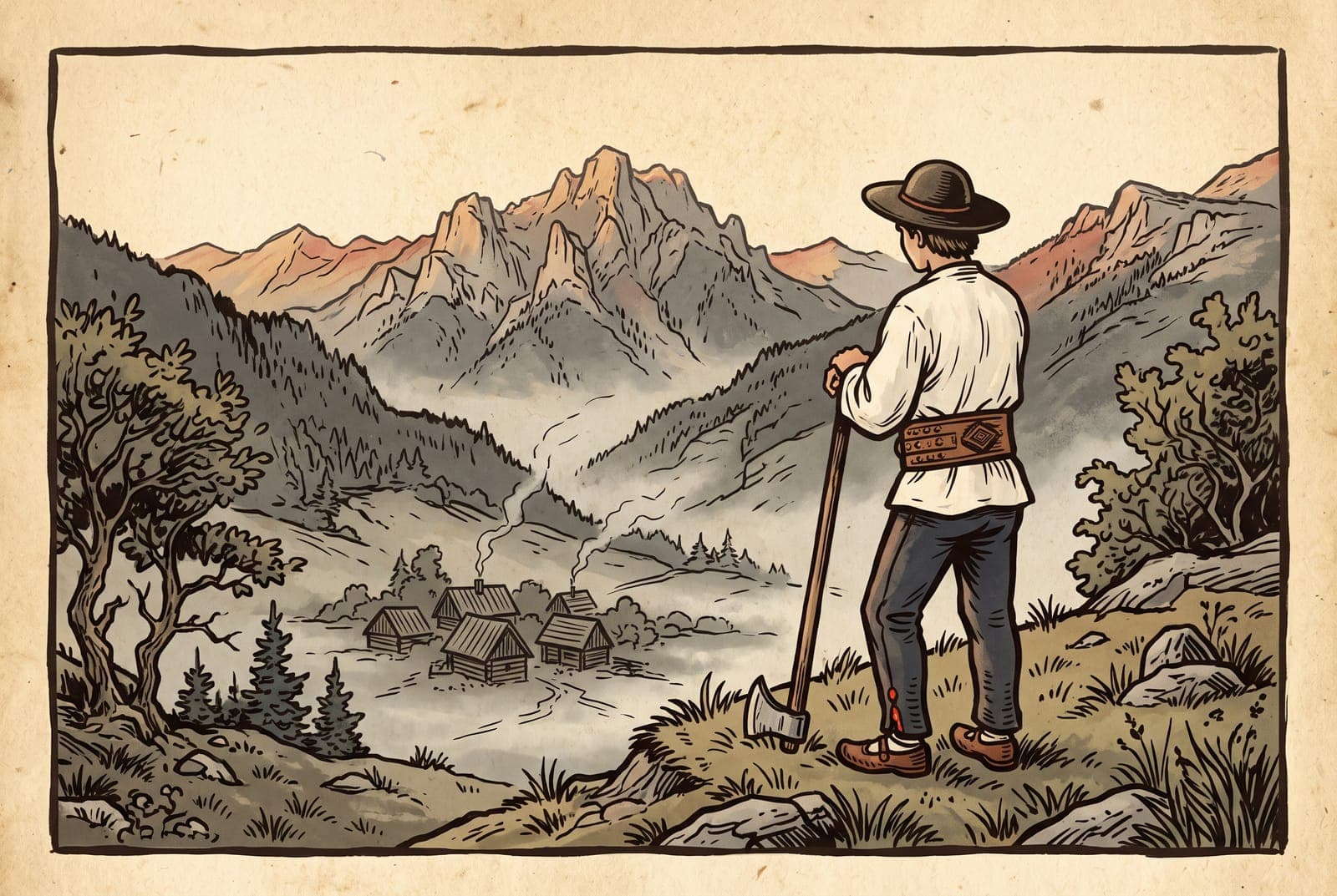 Eine einsame Gestalt mit Valaška, von hinten gesehen, blickt im Morgenlicht über die Gipfel der Malá Fatra