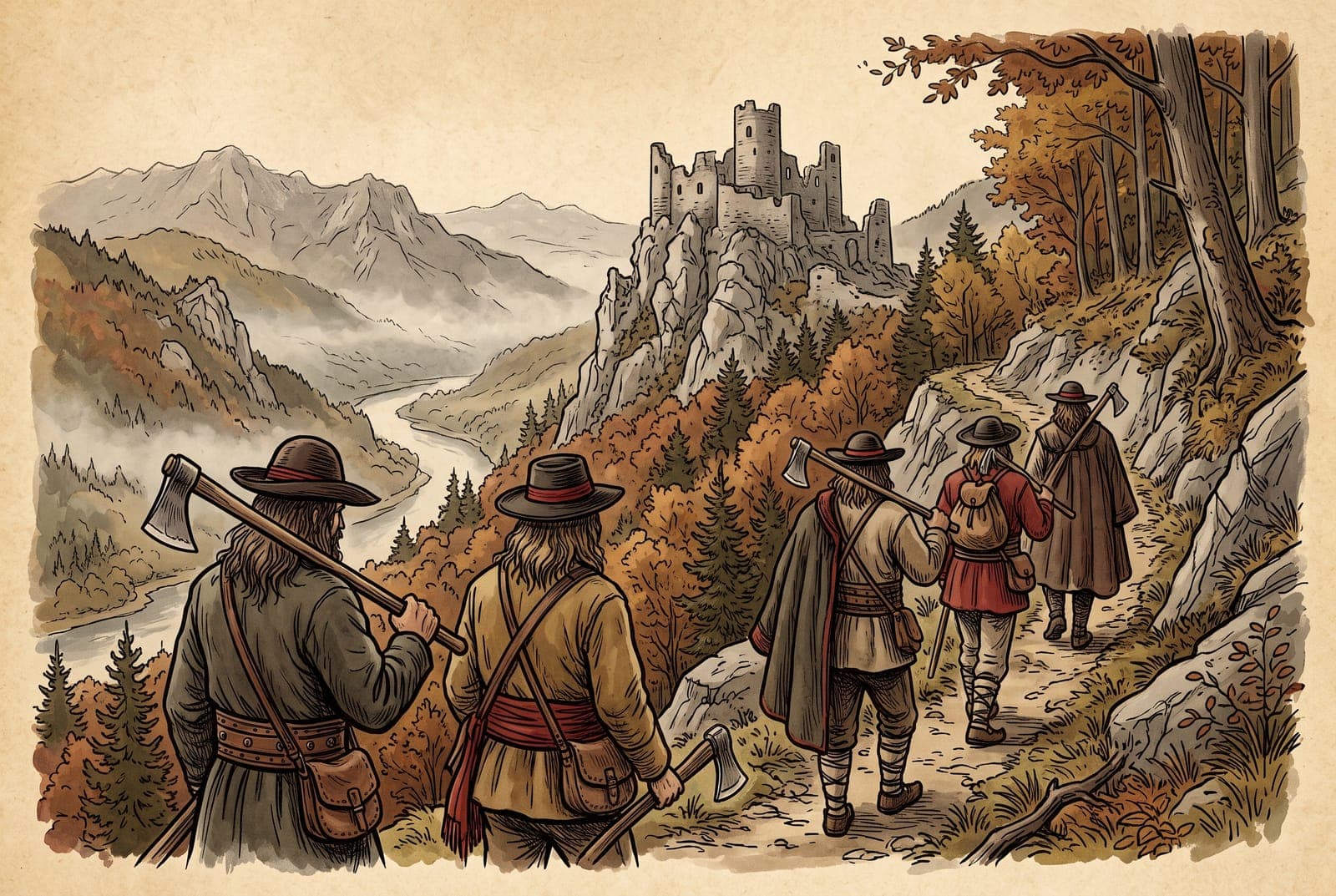 Eine kleine Gruppe von Hochlandräubern mit Valaškas auf den Schultern, von hinten gesehen, auf einem Waldpfad hoch über dem herbstlichen Waagtal