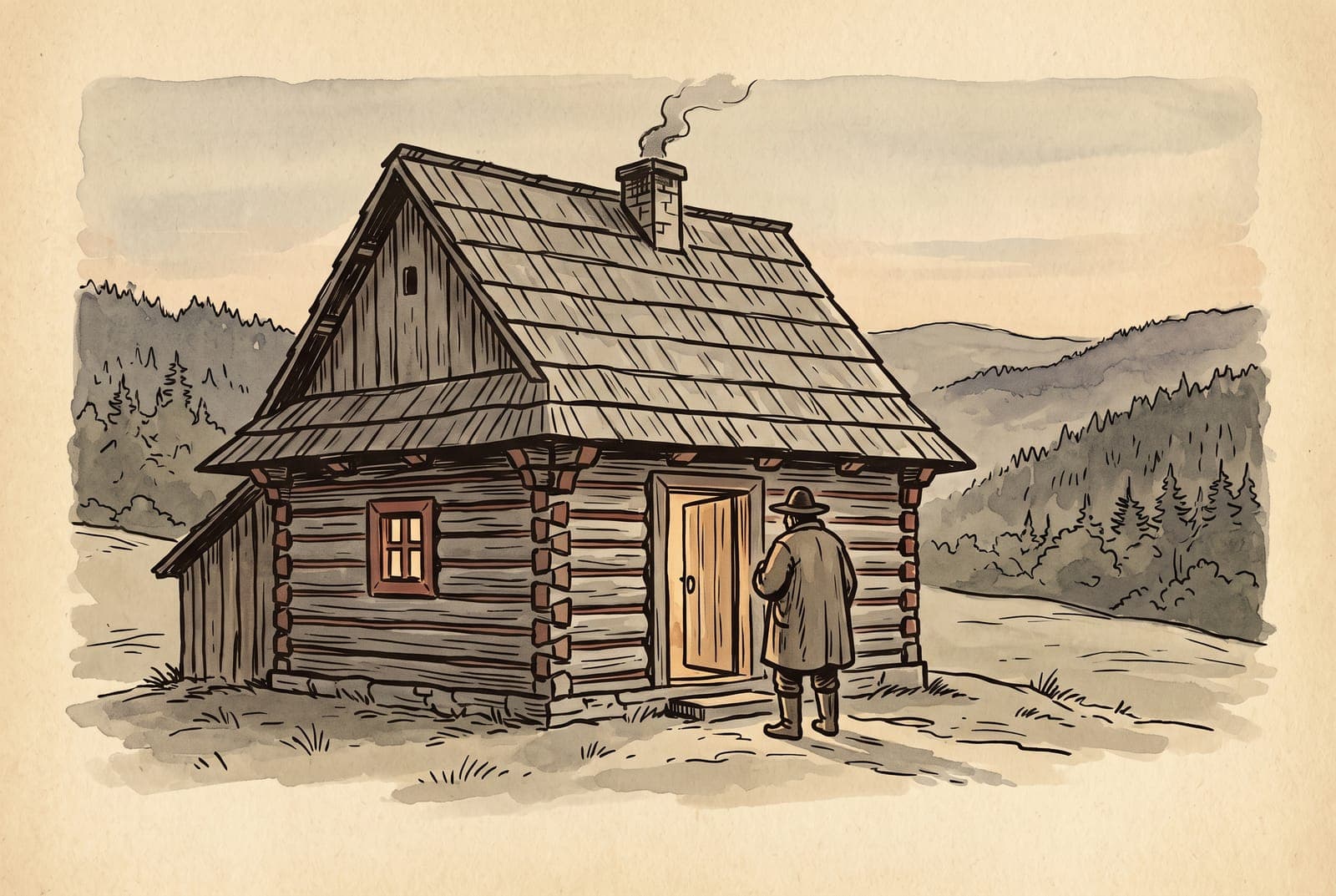 Bescheidenes Holzhaus in den bewaldeten Hügeln über Klenovec in der Abenddämmerung, ein Mann von hinten an der offenen Tür